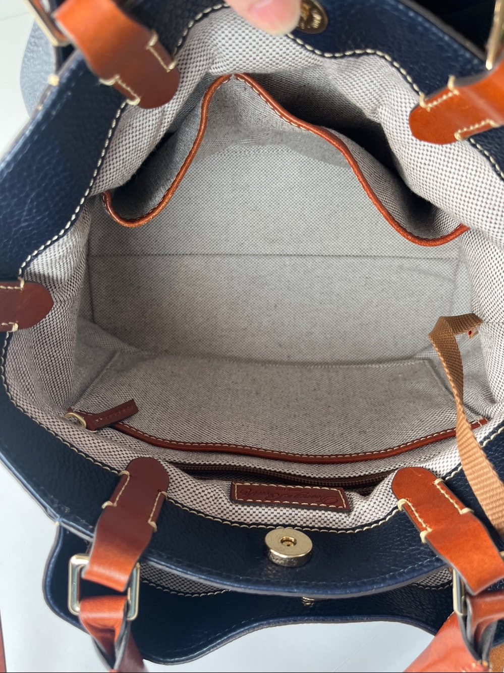Dooney & Bourke Navy Pebbled Leather Shoulder Bag with Brown Trim - Picture 6 of 16